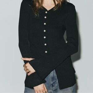 H&M Black Ribbed Pearl-Button Cardigan Size M